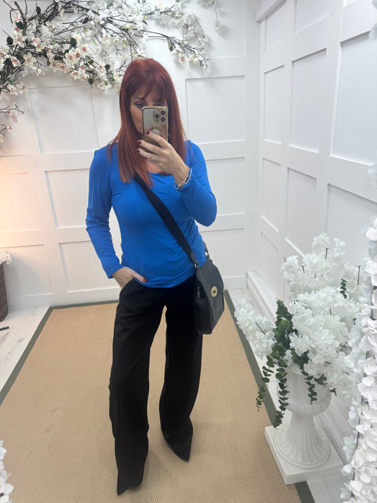 Bessie: Blue basic long sleeve top. One size: 10-16/18