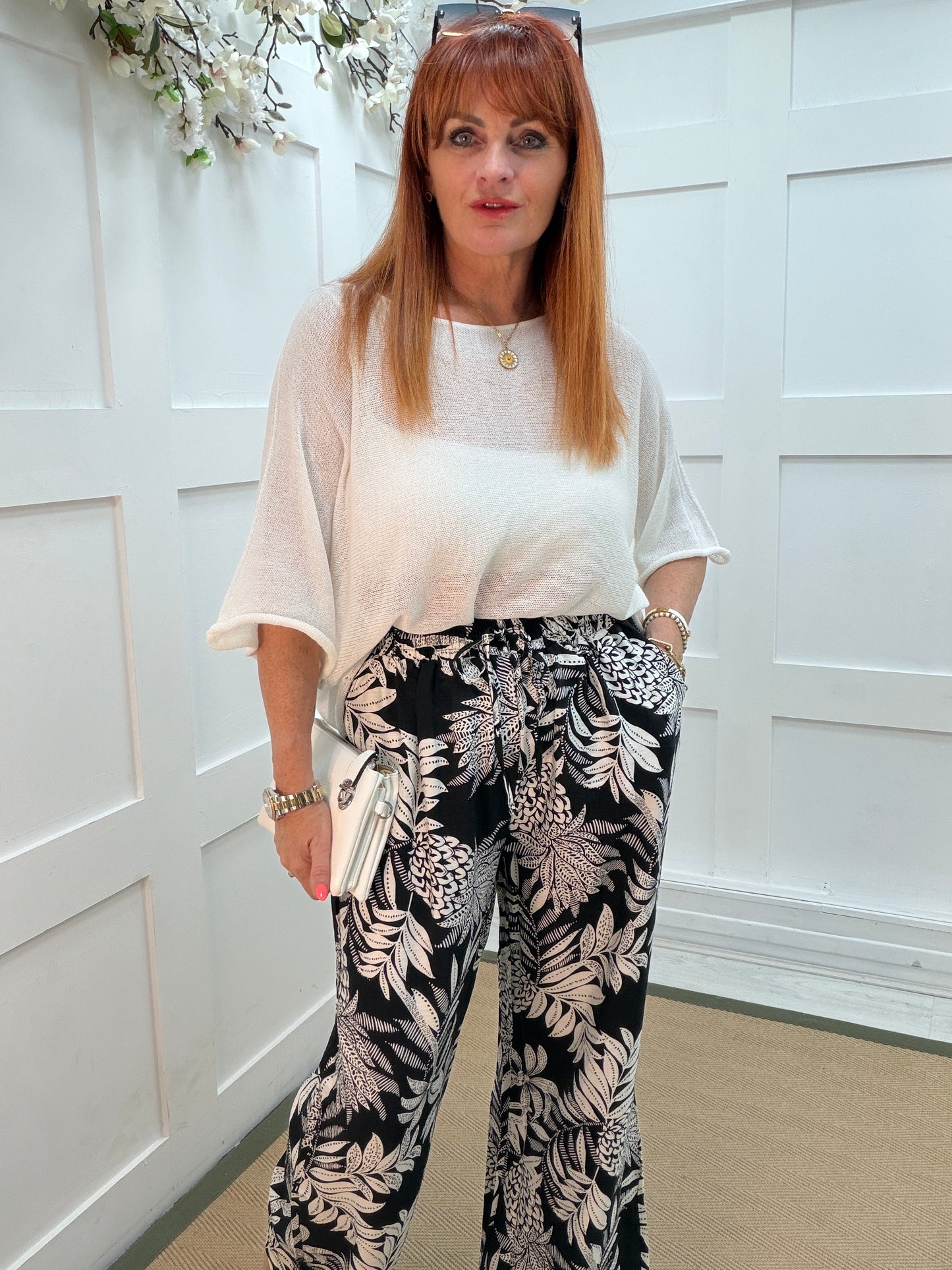 Fiona: Black & white floral print wide leg trousers. One size: 8-16