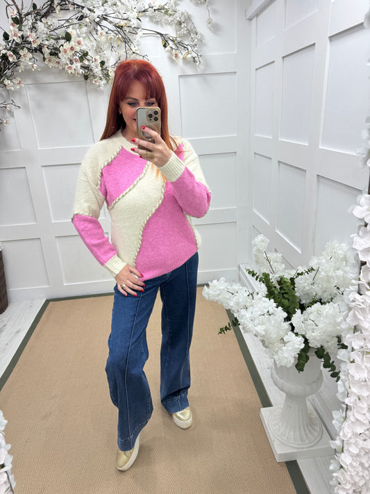 Katia: Pink & cream wool knit top. One size: 10-14