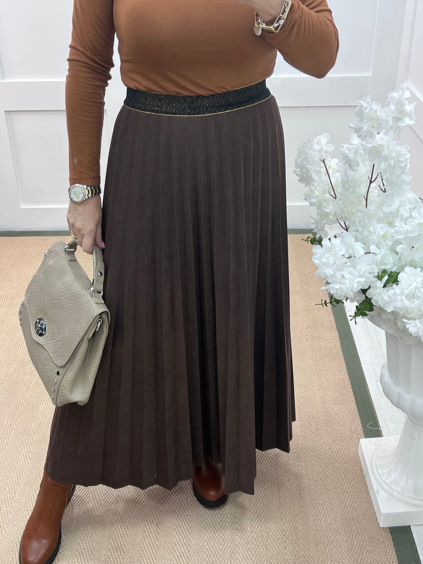 Mara: Brown suedette pleated maxi skirt. One size: 12-16