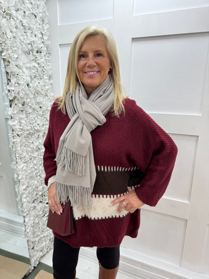 Wren: Burgundy V neck long stripe jumper. One size 14-20