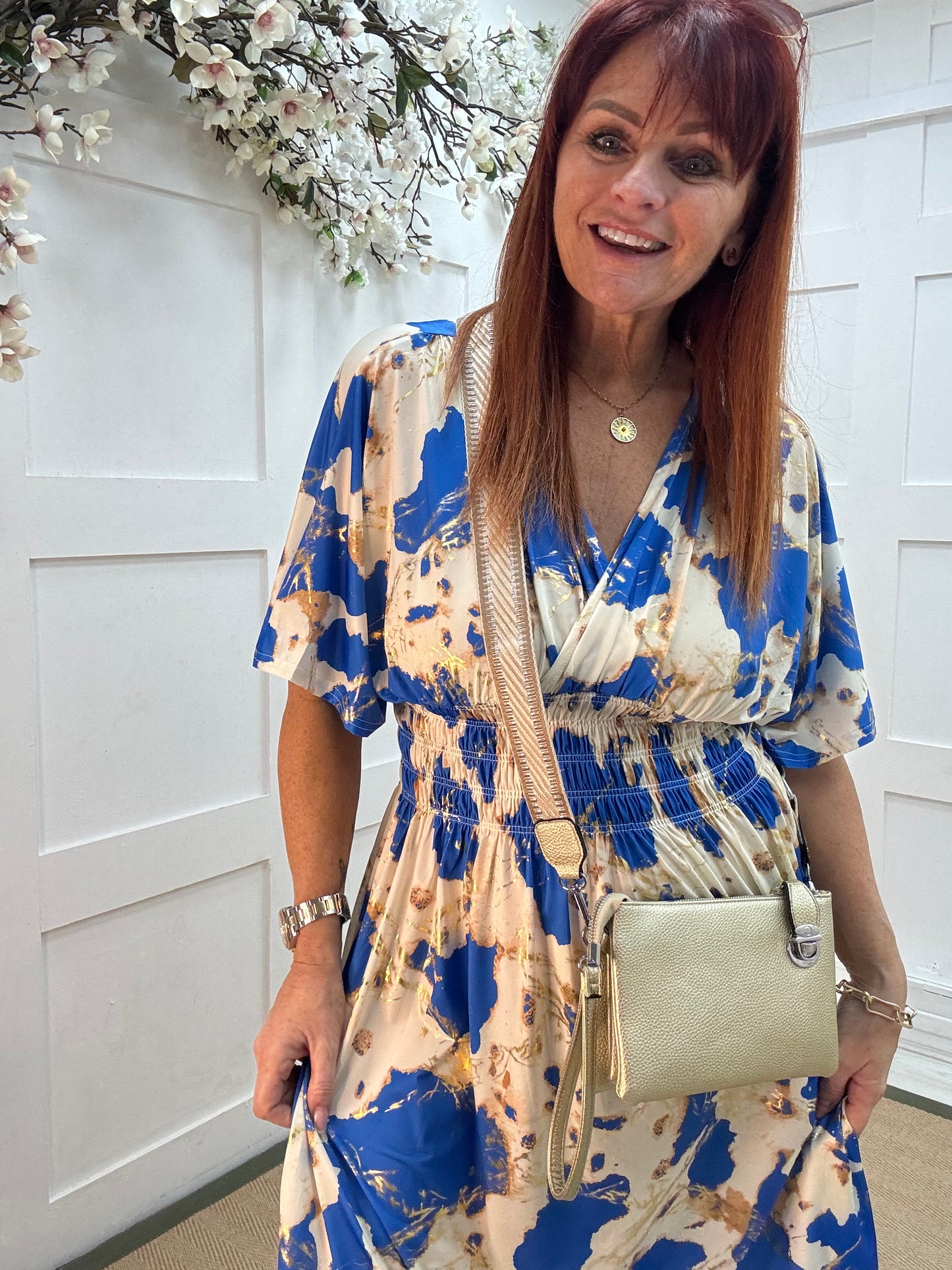 Dixi: Santorini blue & cream stretchy midi wrap dress. One size 12-22