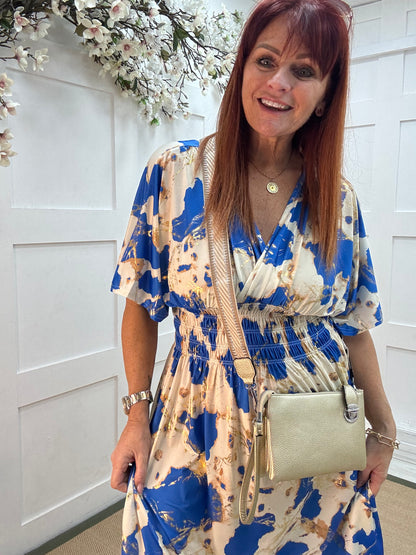 Dixi: Santorini blue & cream stretchy midi wrap dress. One size 12-22