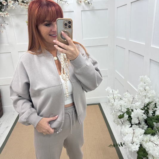 Ginny: Taupe bomber jacket & trouser set. Sizes: 8-14