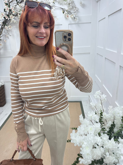 Karina: Sand & cream striped polo neck top. One size 10-14