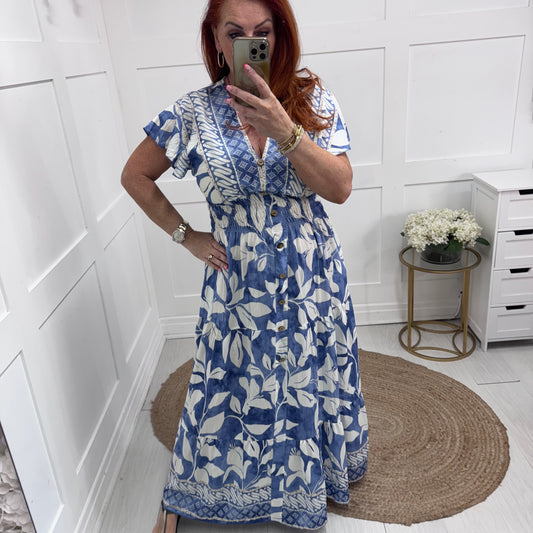Jazmin: Blue & ivory stretchy V neck maxi dress. One size: 10-20
