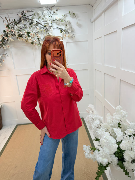 Scarlett: Red embroidered shirt. 2 sizes.