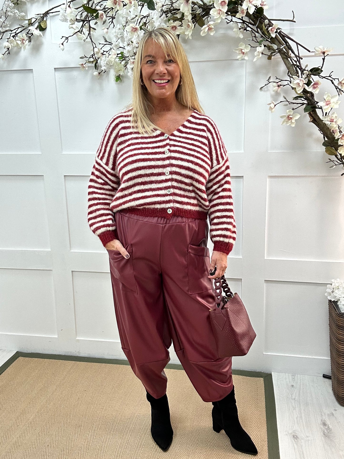 Drew: Burgundy faux leather cocoon trousers. One size: 12-18