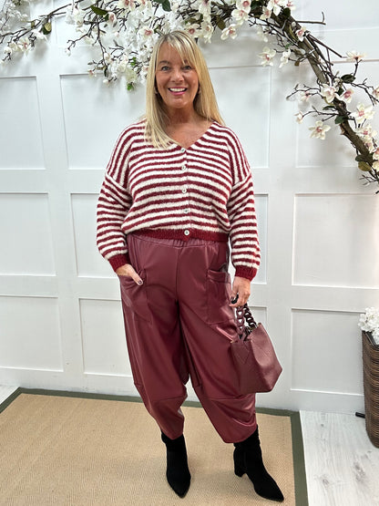 Drew: Burgundy faux leather cocoon trousers. One size: 12-18
