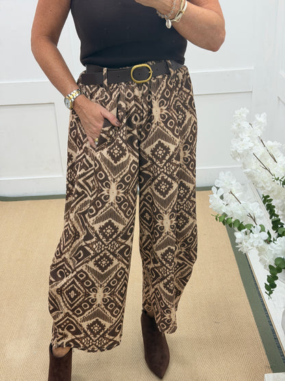 Florrie: Printed needlecord barrel leg belted trousers. One size: 10-18. 3 colours