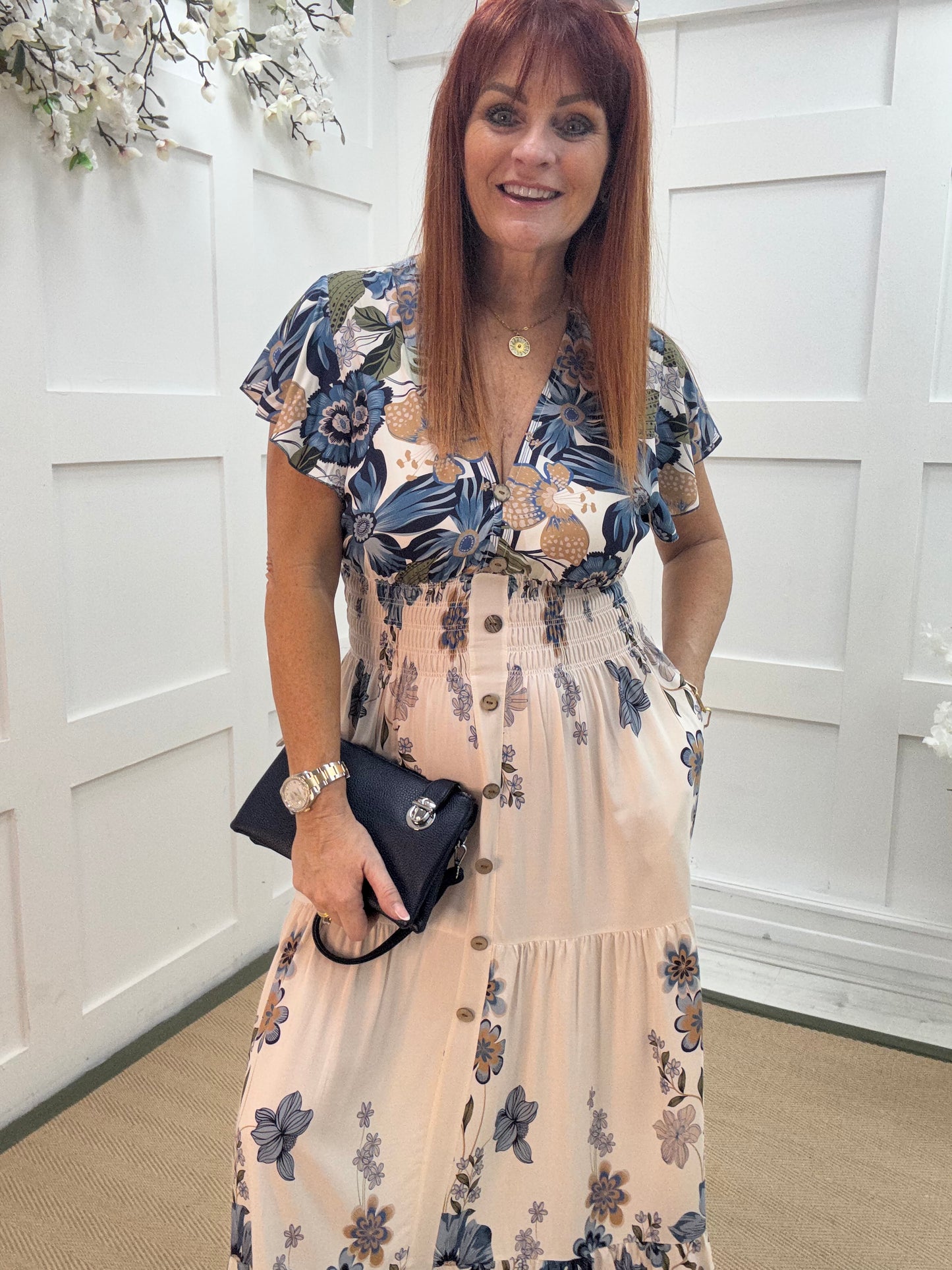 Aria: Blue & cream V neck stretchy maxi dress. One size: 10-18