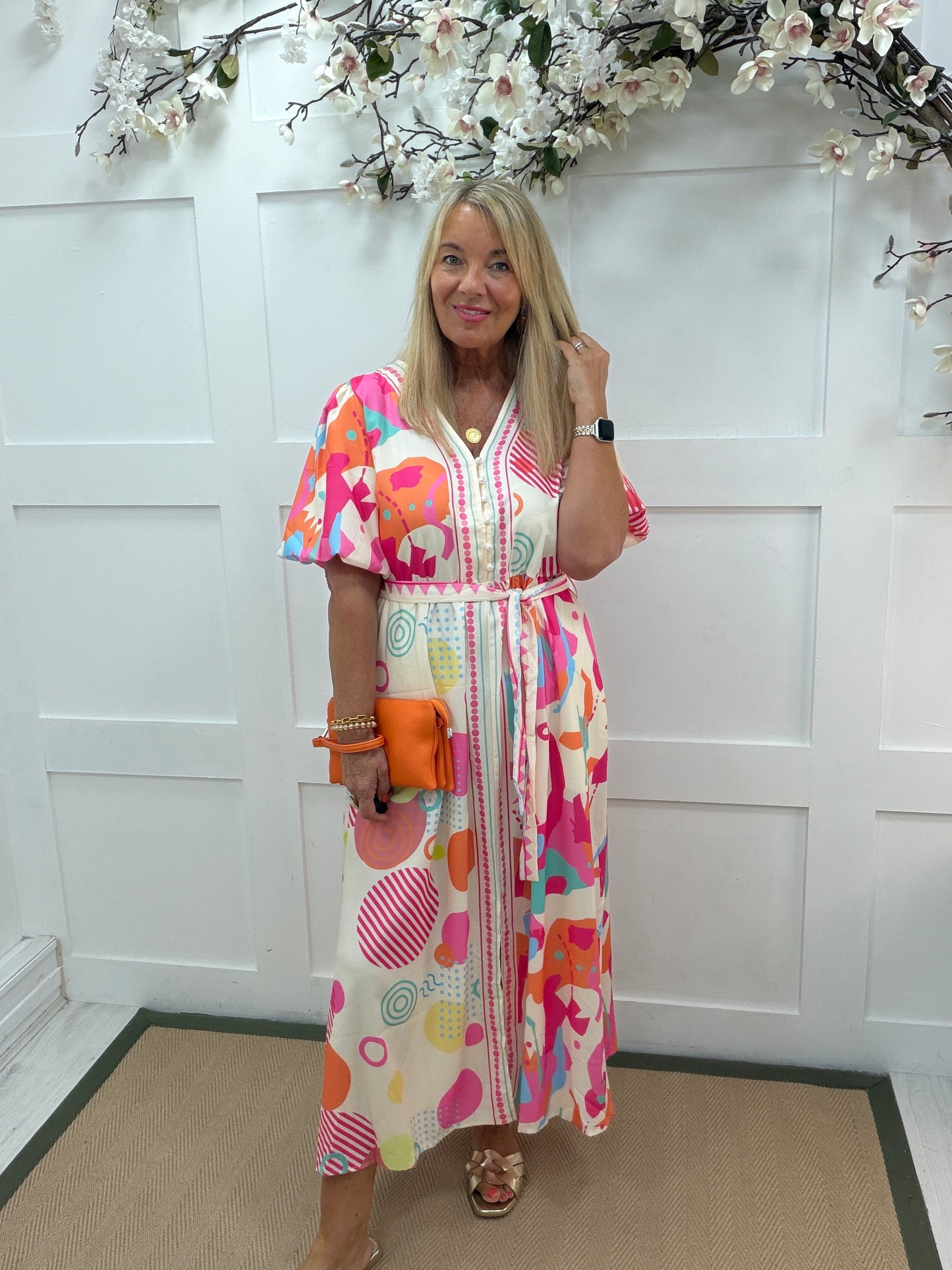 Mabel: Multicoloured geometric print belted maxi dress. 5 sizes. 8-16