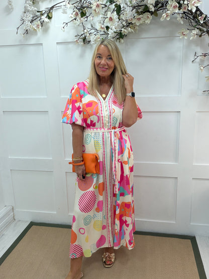 Mabel: Multicoloured geometric print belted maxi dress. 5 sizes. 8-16