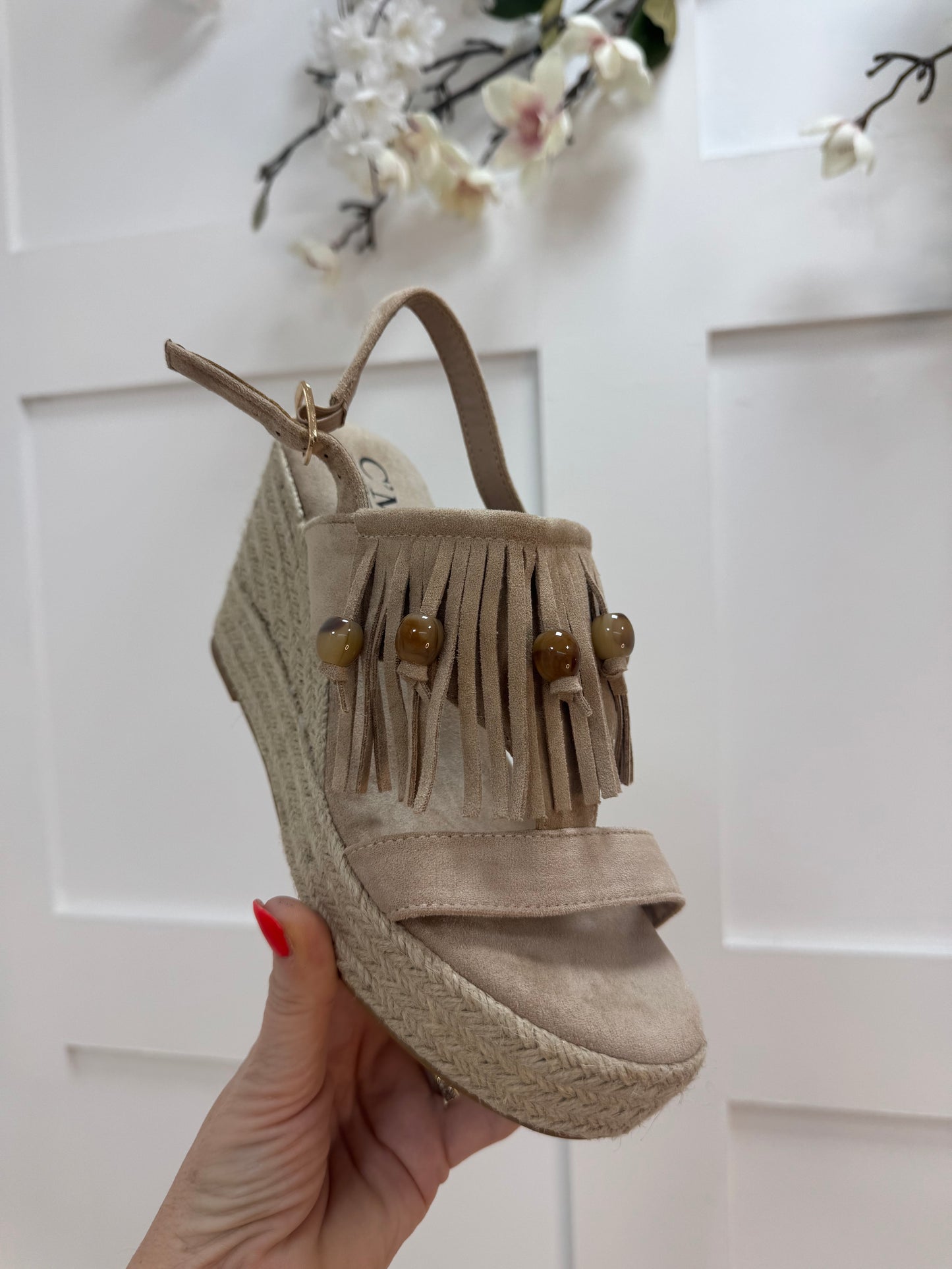 Winnie: Beige tassel wedge shoes. Sizes: 3-8