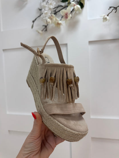 Winnie: Beige tassel wedge shoes. Sizes: 3-8