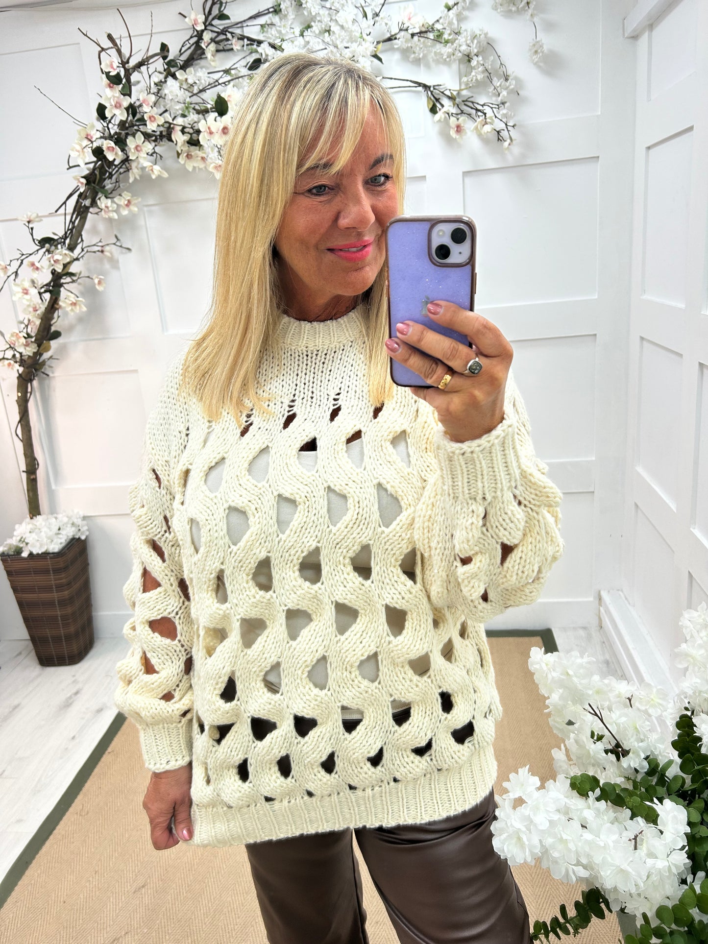 Jazz: Cream long holey open knit top. One Sz: 12-18