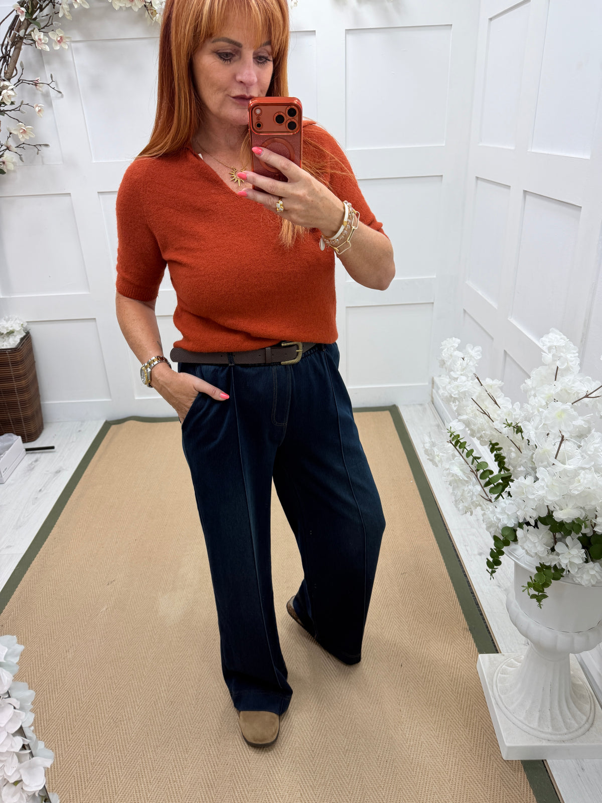 Haven: Dark blue belted jean style trousers. 3 Sizes