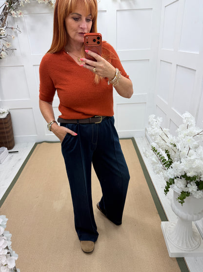 Haven: Dark blue belted jean style trousers. 3 Sizes