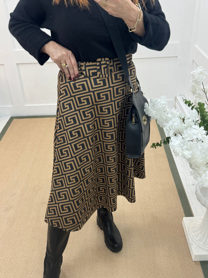 Myla: Black & mustard designer inspired belted skirt. One size 8-12