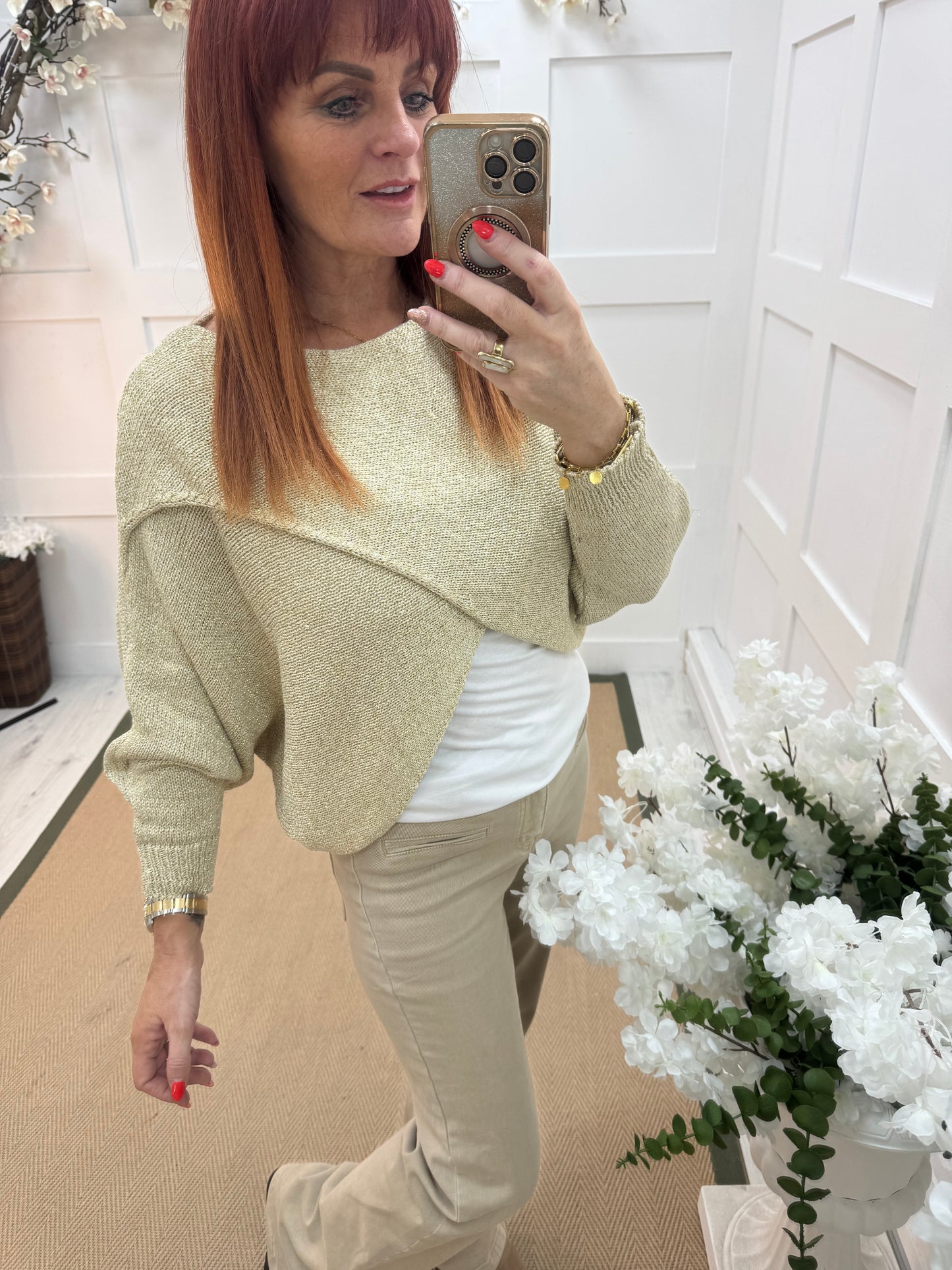 Aurora: Gold stretchy lurex wrap top. One size: 10-18