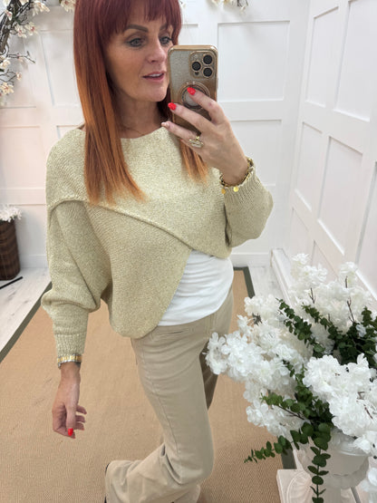 Aurora: Gold stretchy lurex wrap top. One size: 10-18