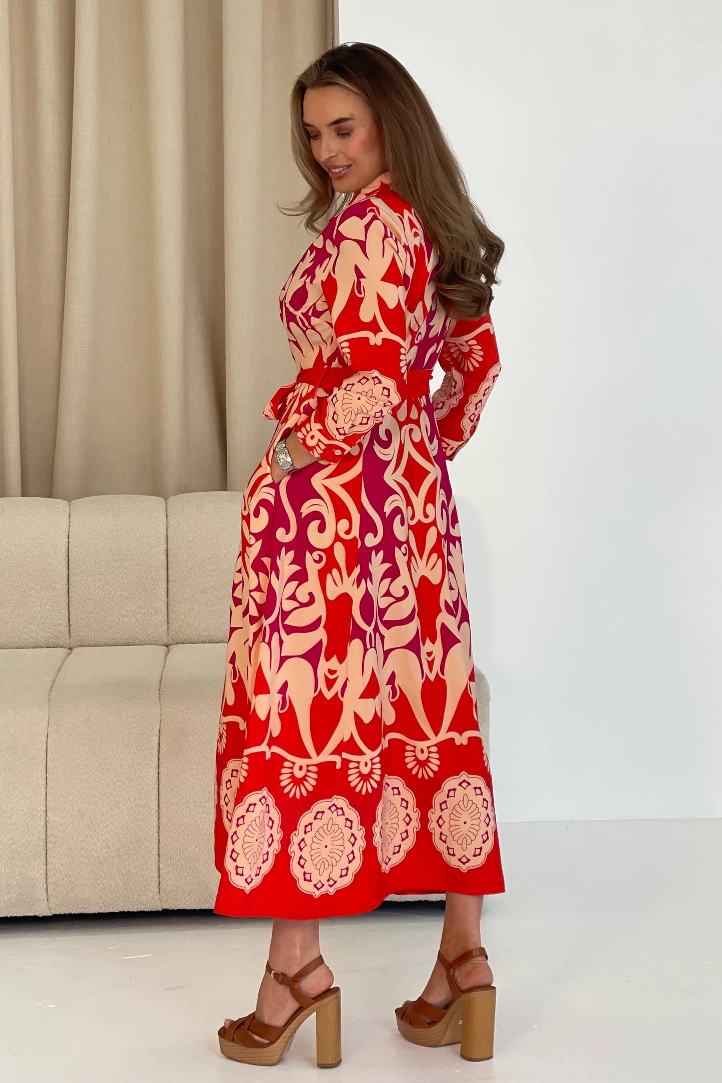 Angela: Red abstract printed shirt dress. Sizes: 12-18