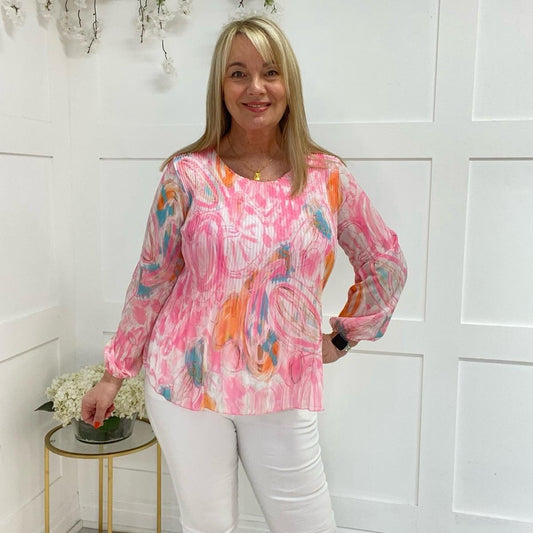 Josie: Floaty abstract long sleeved blouse. One size 12-18.