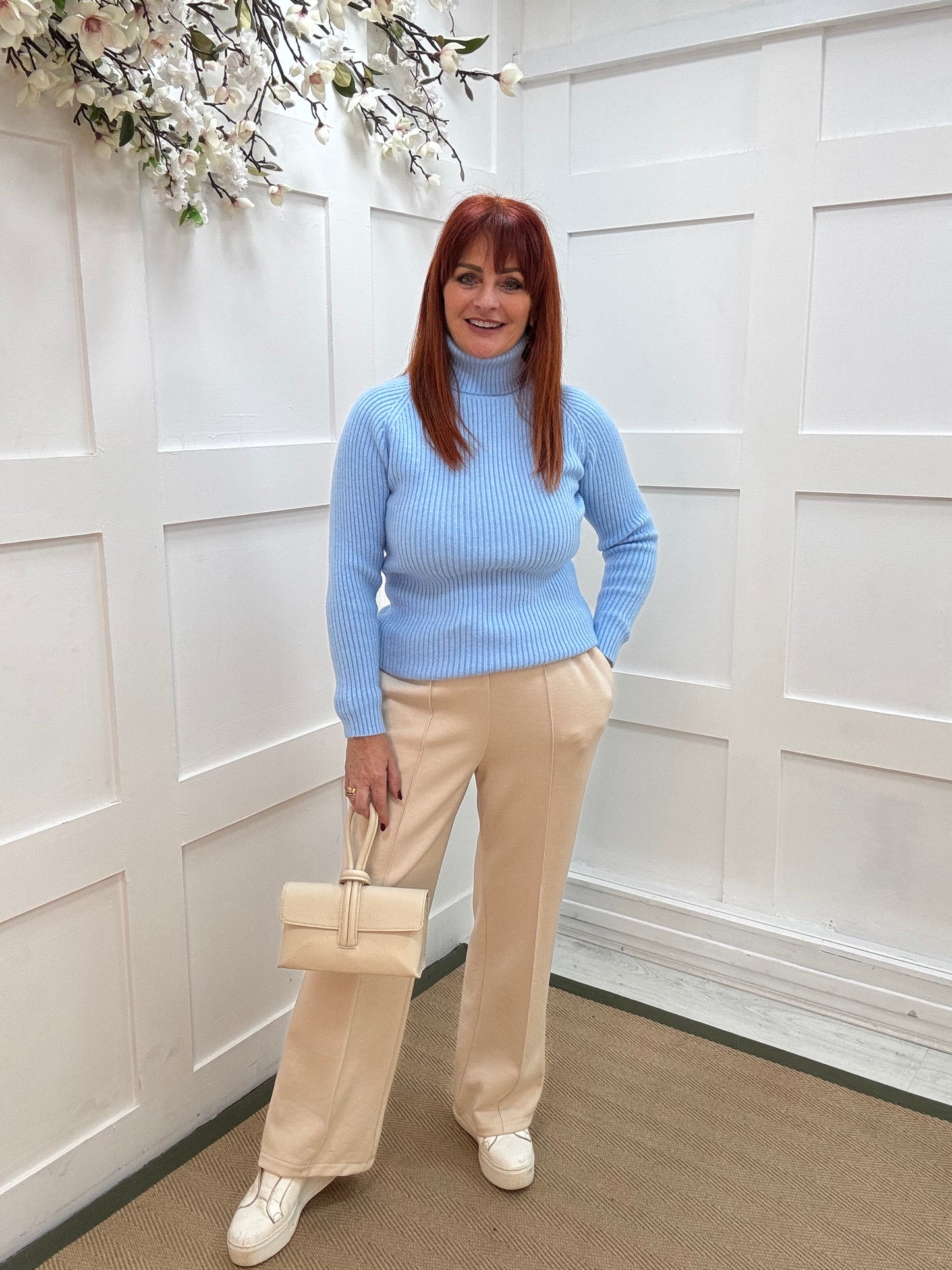 Elsie: Baby blue polo neck knit. One size: 12-16