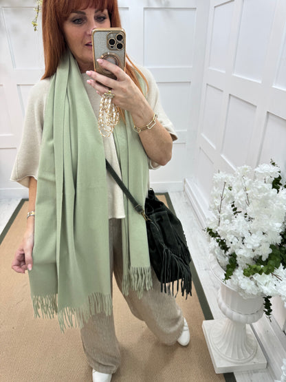 Indra: Plain green soft feel tassel scarf