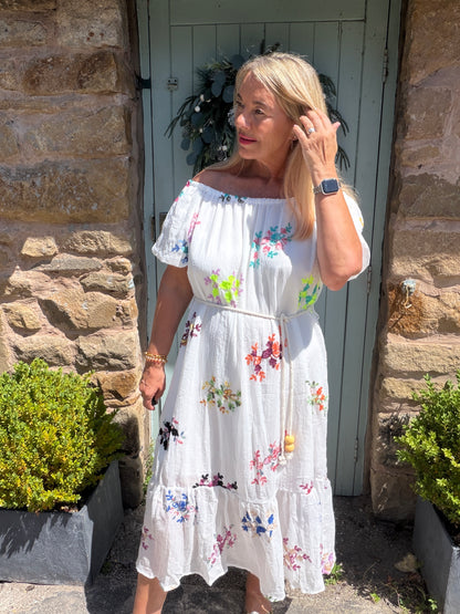 Minnie: Multicoloured embroidered floral bardot maxi dress. One size: 12-16