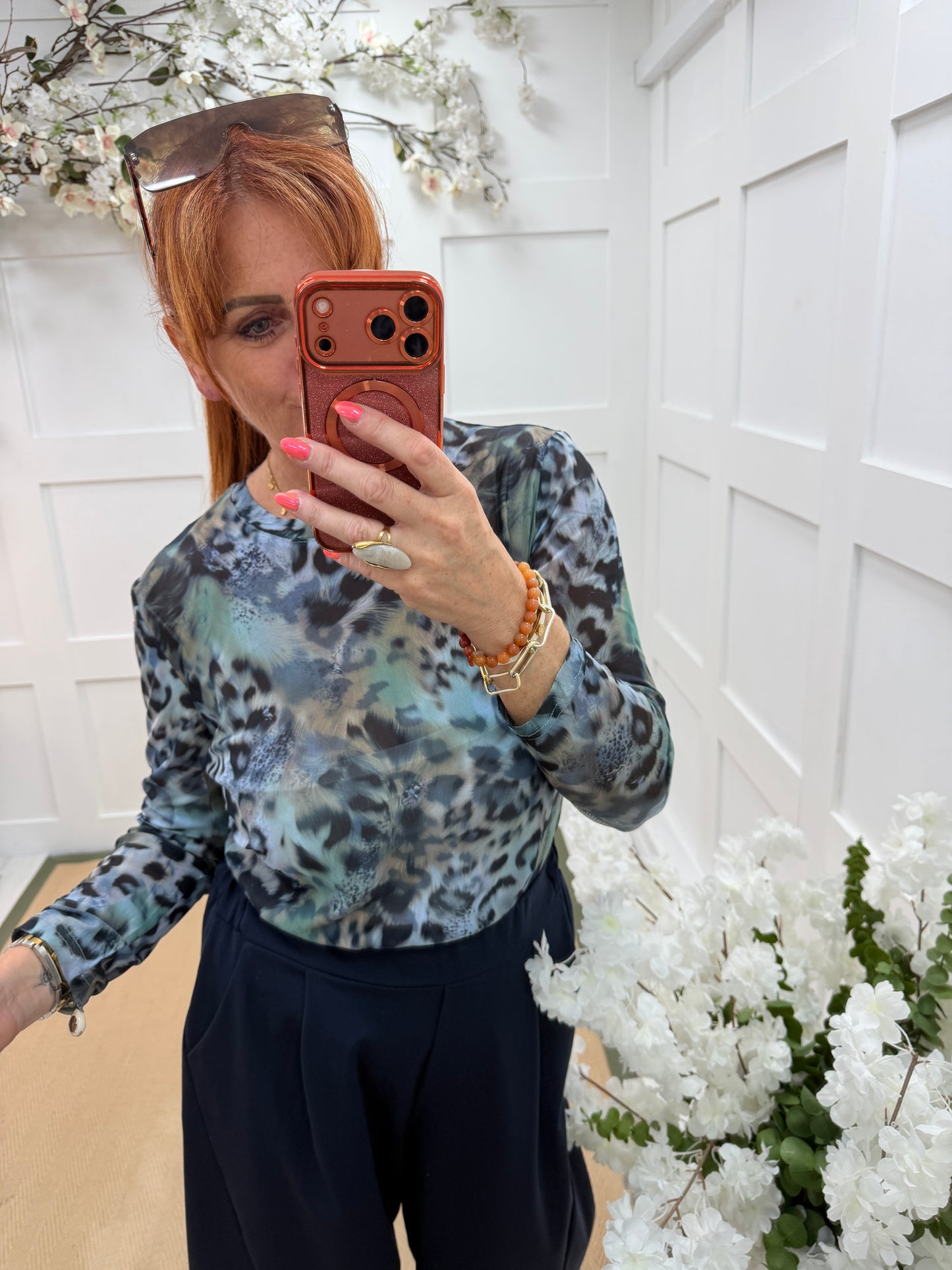 Pamela: Leopard print sheer mesh top. 10-18
