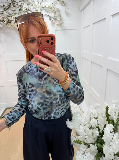 Pamela: Leopard print sheer mesh top. 10-18