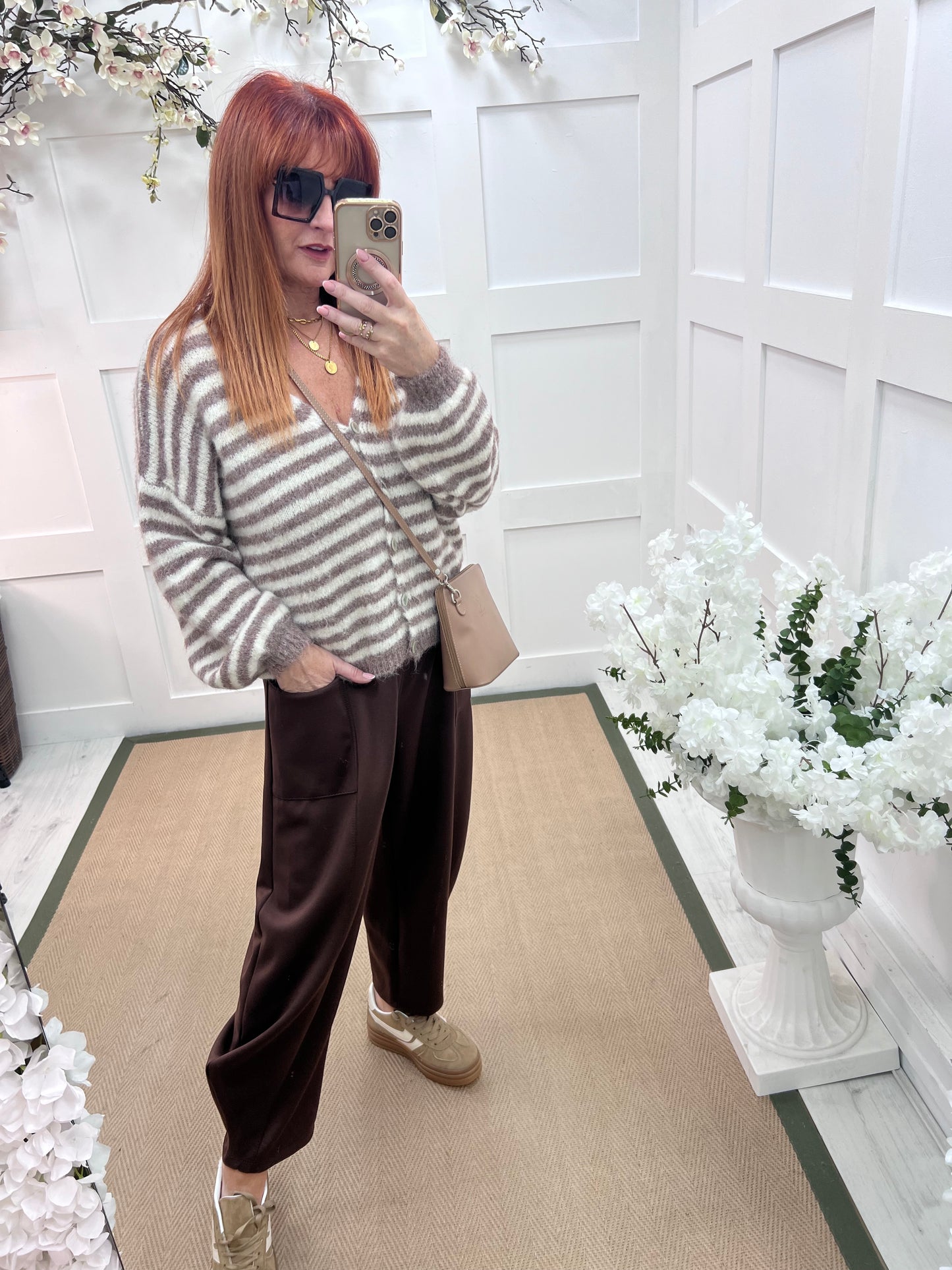 Rowan: Brown stripe V neck cardigan. One size: 12-18