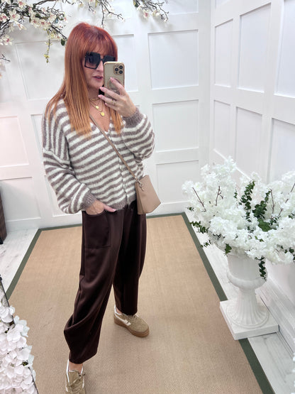 Rowan: Brown stripe V neck cardigan. One size: 12-18