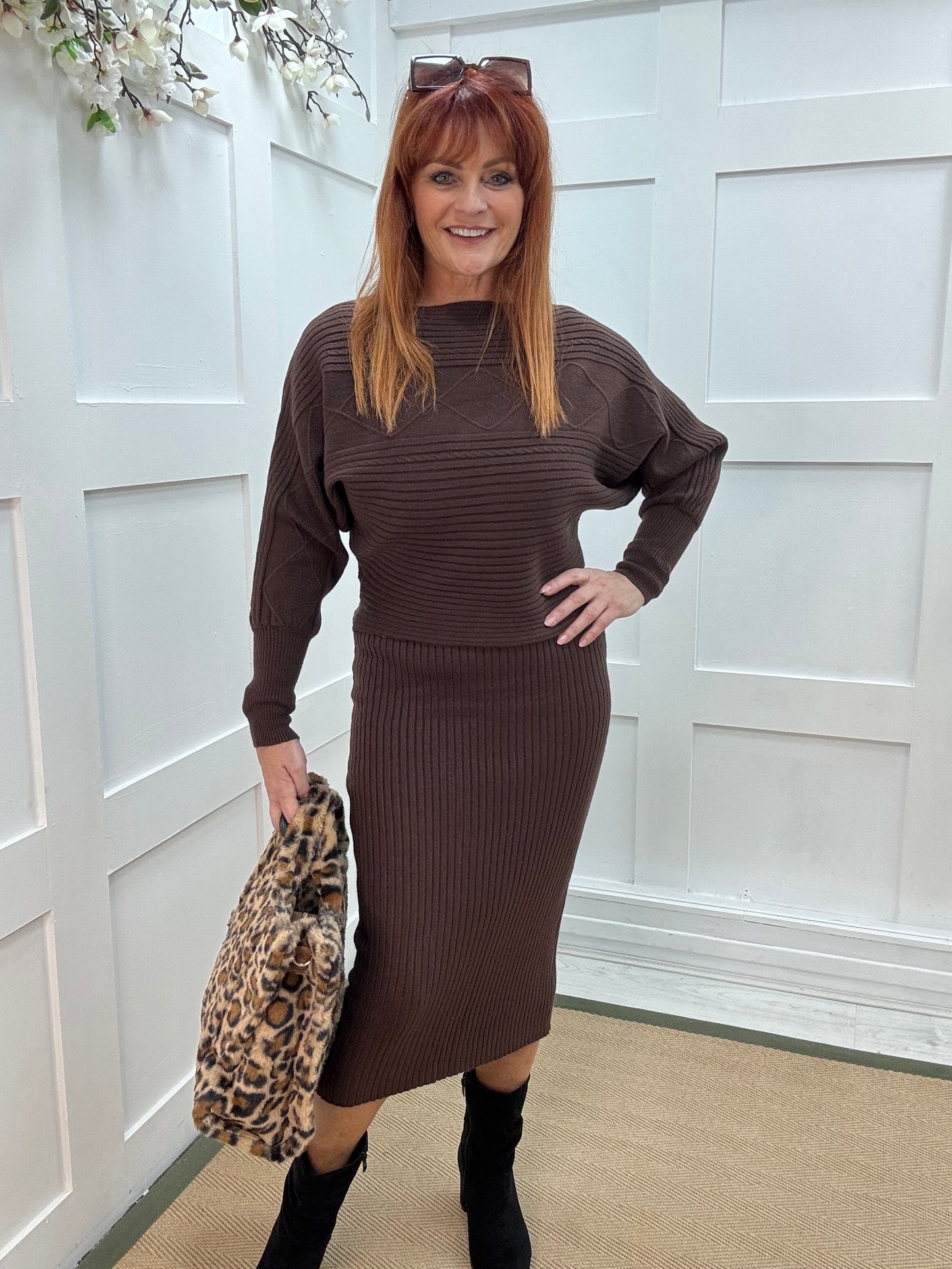Sloane: Brown jumper & dress set. One size: 8-14