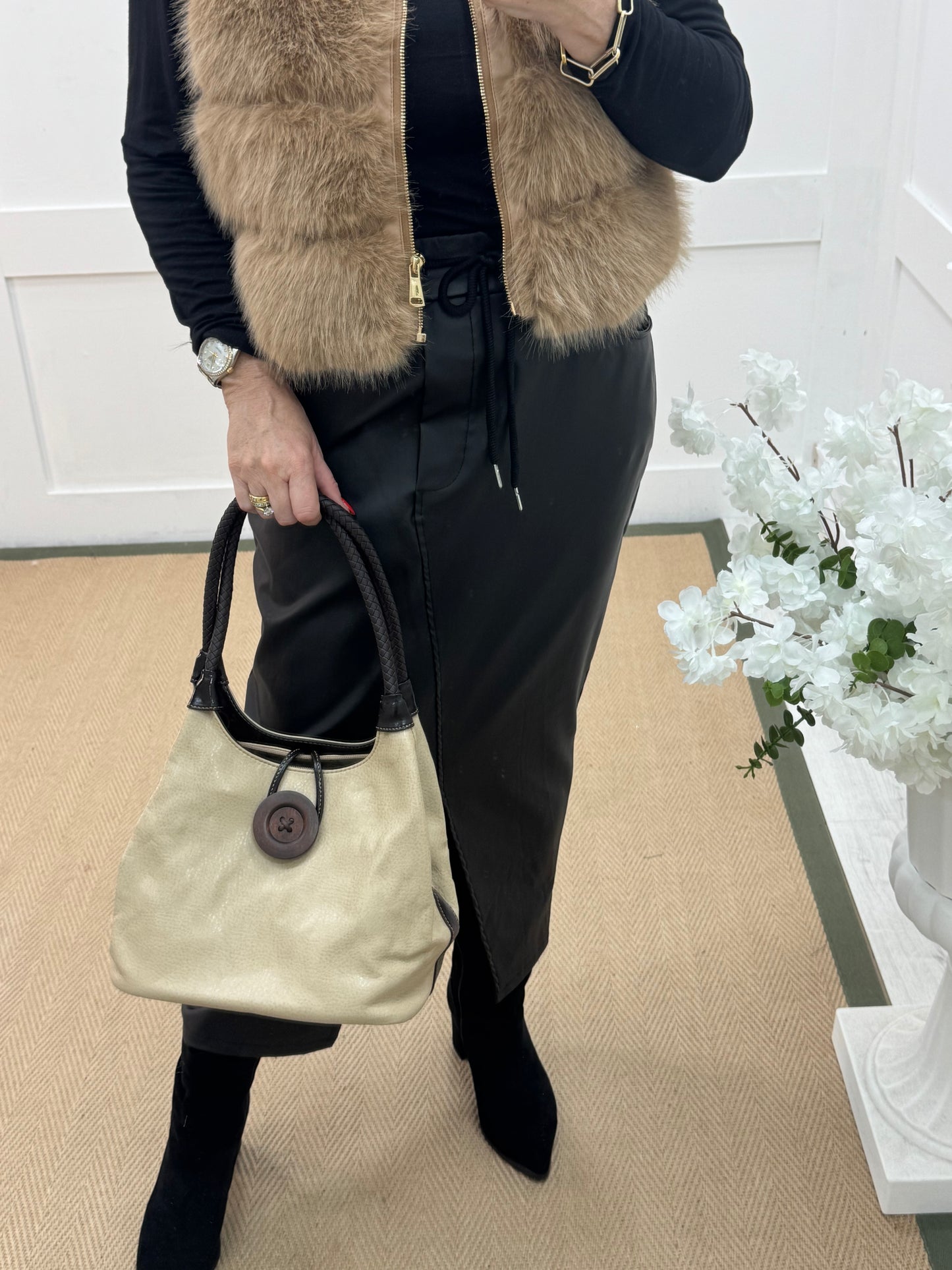 Pipa: Cream slouchy big button shoulder bag.