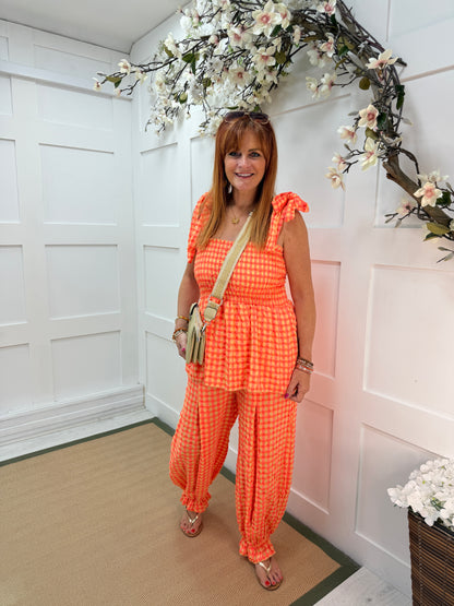 Georgie: Gingham shirred peplum tie top. One size: 8-16. 3 colours