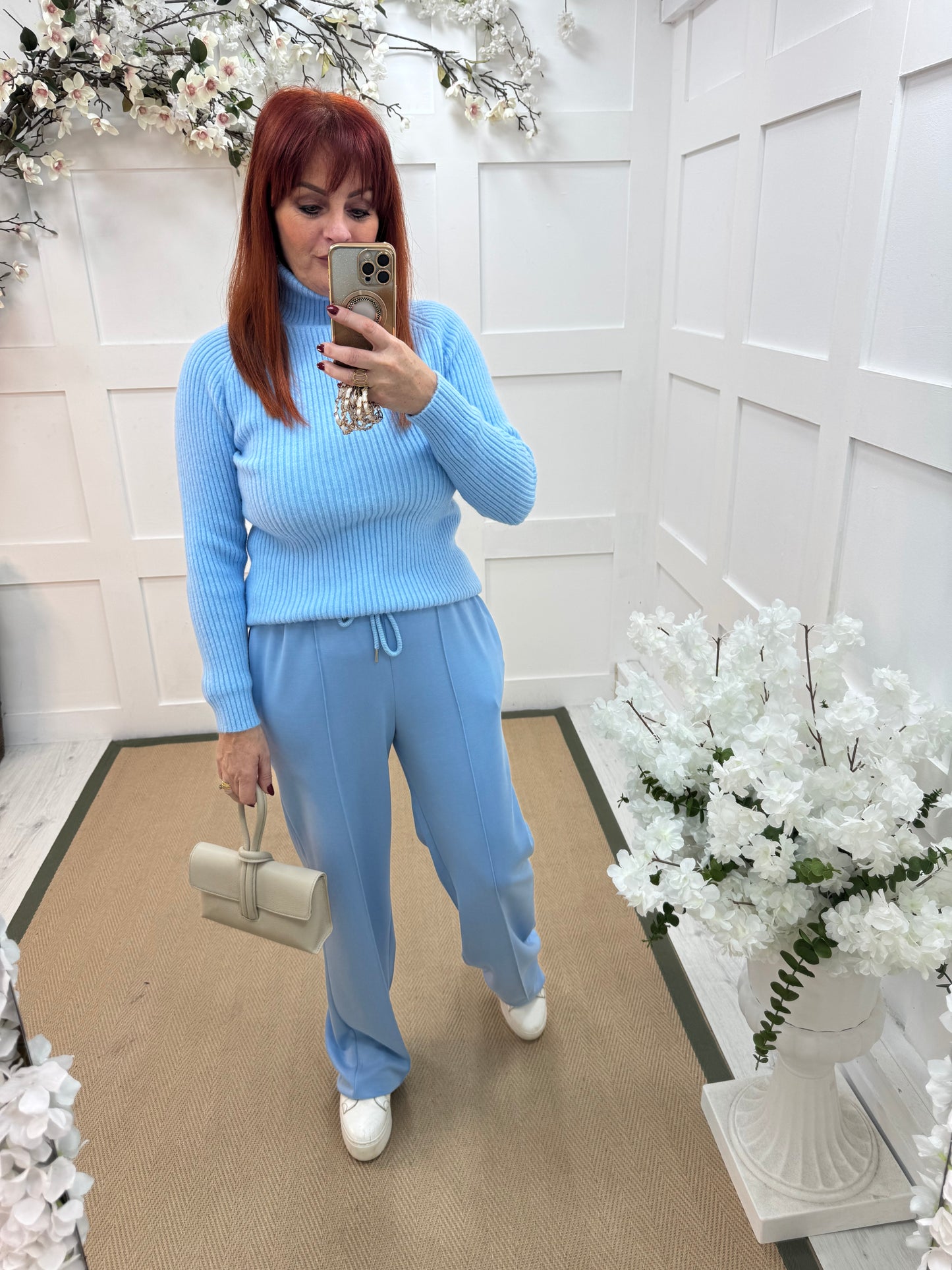 Trudy: Baby blue stretchy wide leg pocket trousers. One size: 10-16