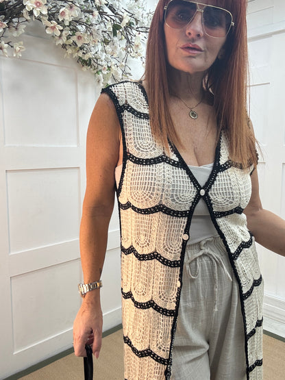 Cici: Cream longline crochet waistcoat. One size: 10-14