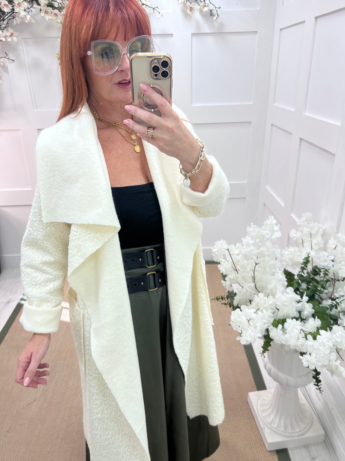 Kathie: Winter white boucle coat with pockets. One size 12-18