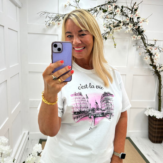 Alma: White French scene T shirt. 3 sizes