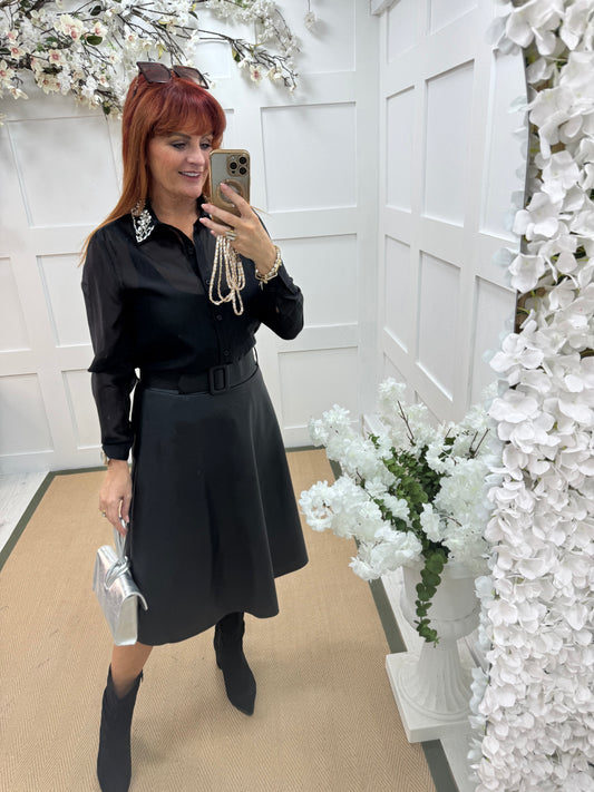 Kendra: Black faux leather belted skirt. One size: 8-12