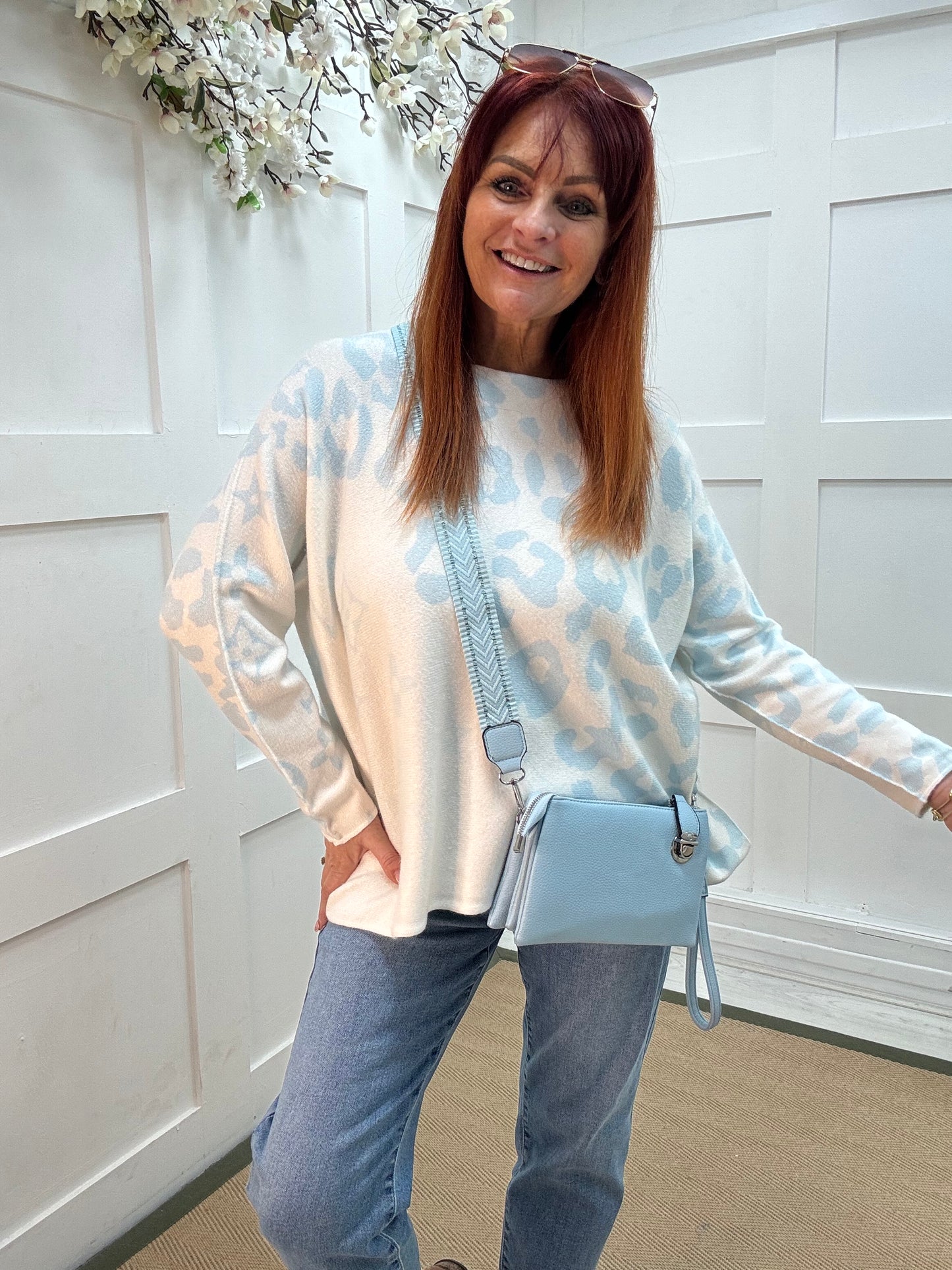 Alice: Blue & white leopard print top. One size: 12-20