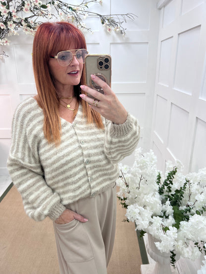 Rowan: Cream stripe V neck cardigan. One size: 12-18