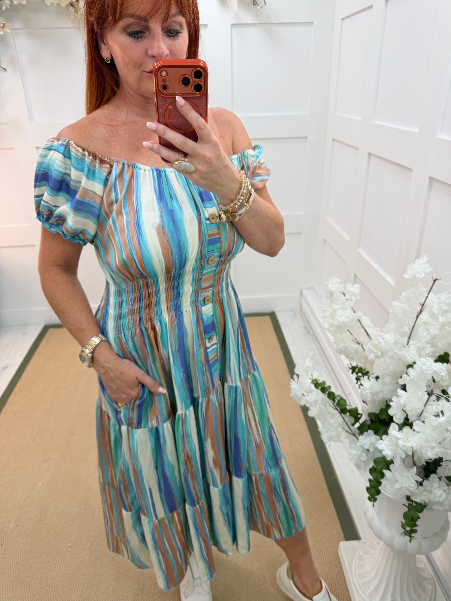 Barbie: Blue & cream stripe stretchy midi dress. One size: 10-18