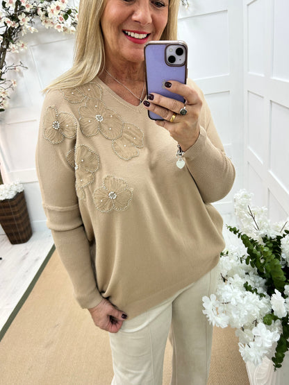 Claudia: Sand longline floral detail knit. One size: 14-20