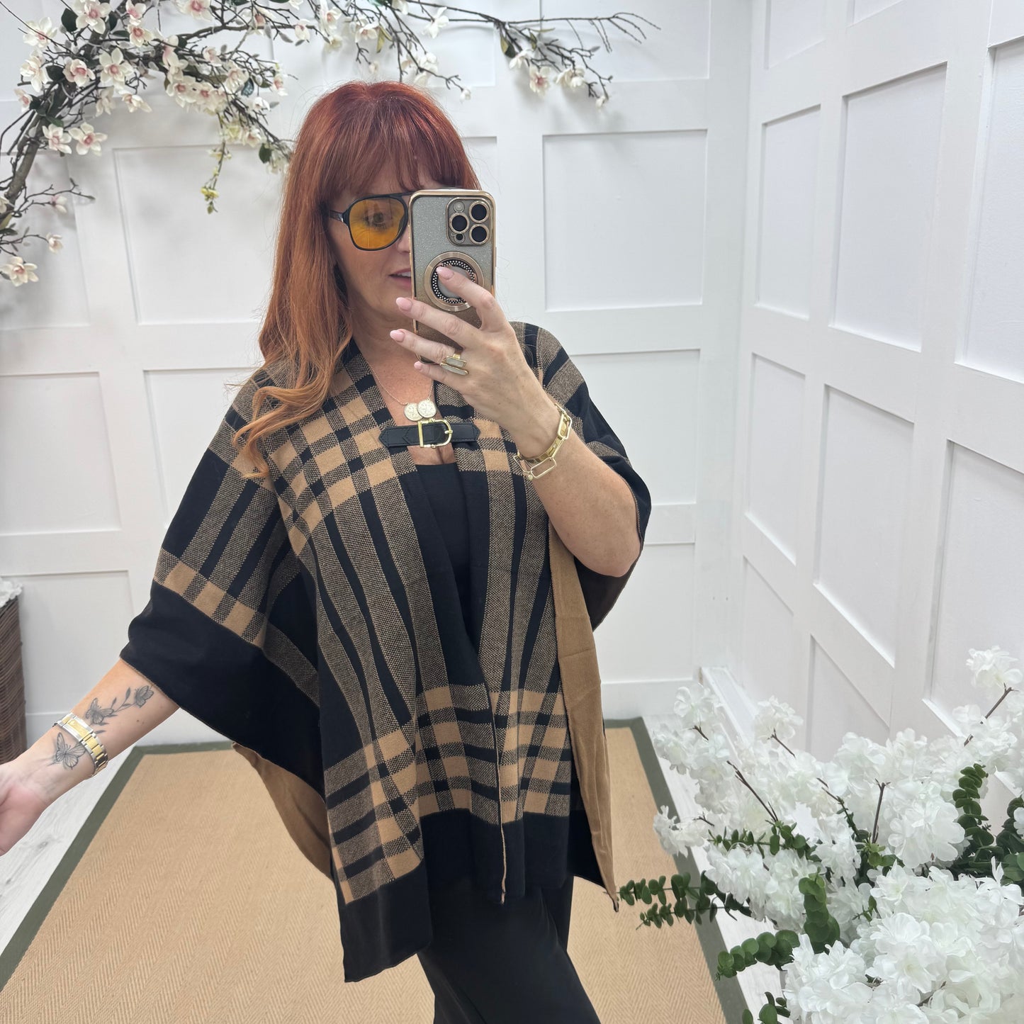 Karla: Brown check wool  cape. Free size
