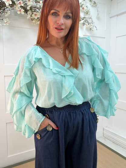 Rowan: Mint V neck ruffle blouse. One size 10-16