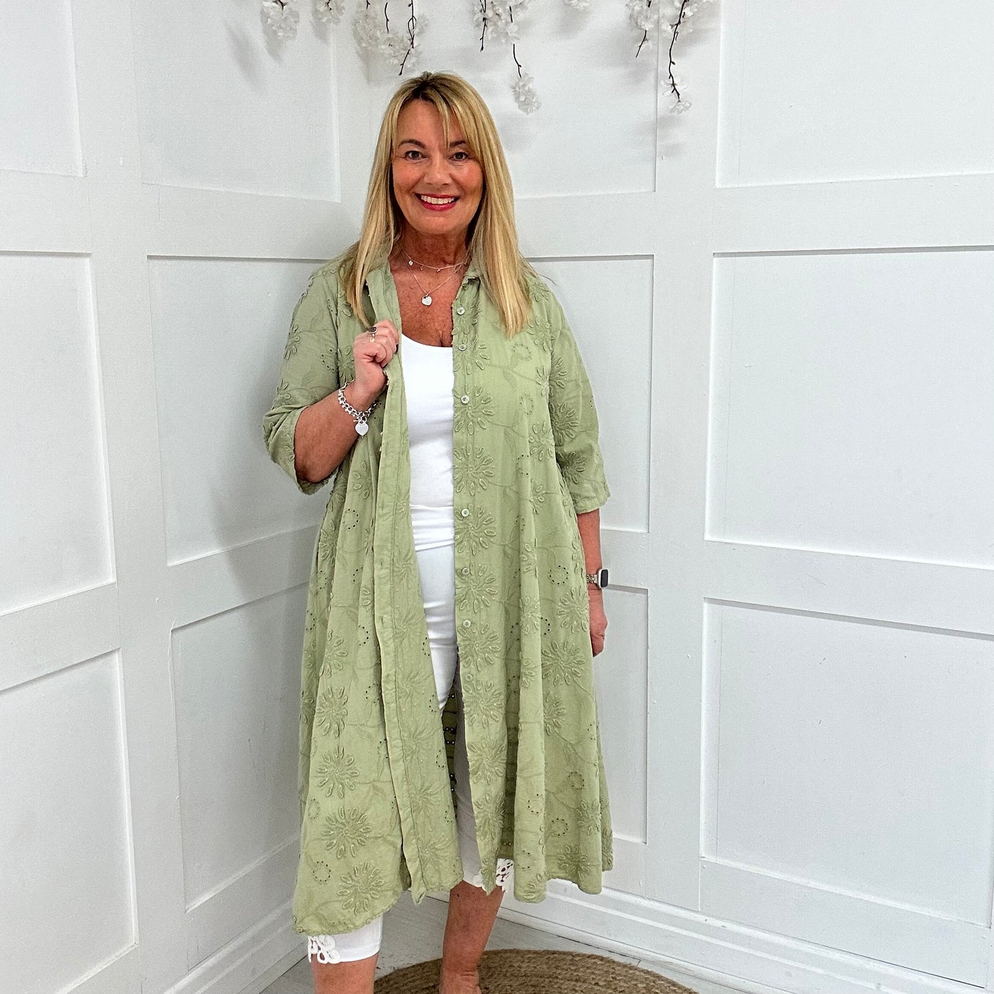 Adele: Khaki embroidered pocket shirt dress. One size: 16-24