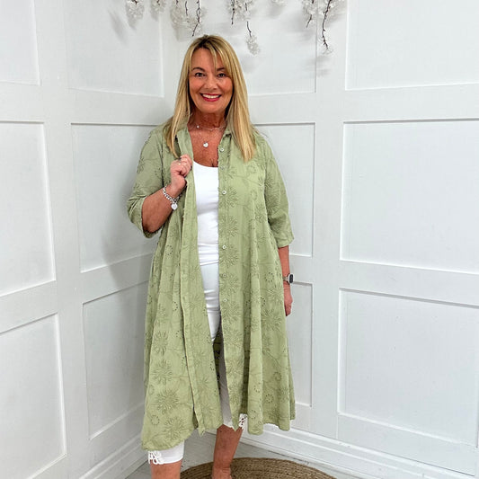 Adele: Khaki embroidered pocket shirt dress. One size: 16-24